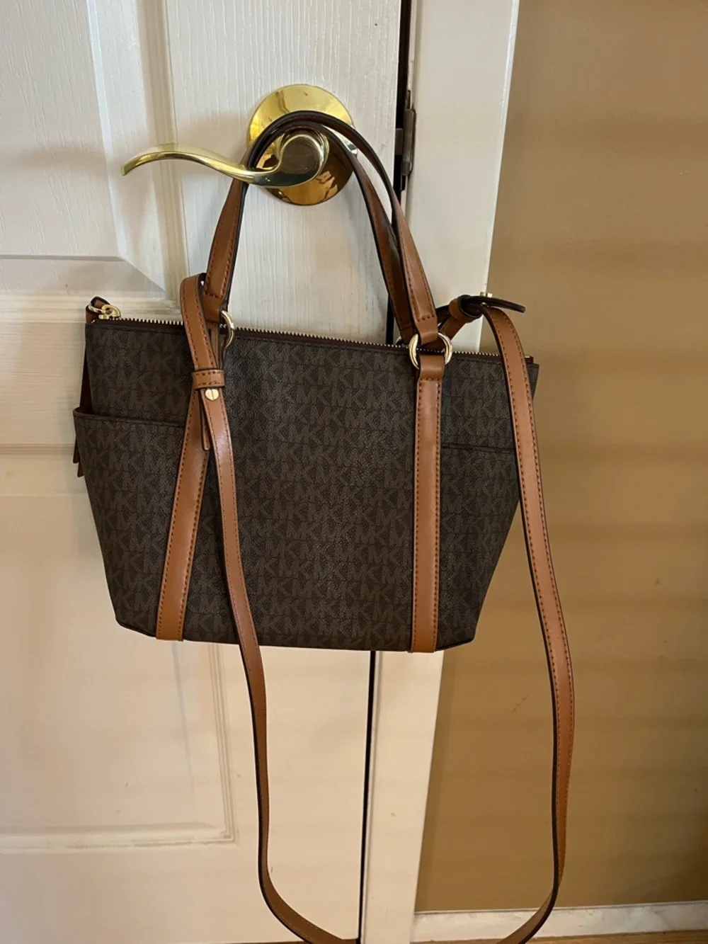 Michael Kors Brown Monogram Tote with Tan Leather Trim - Picture 2 of 5